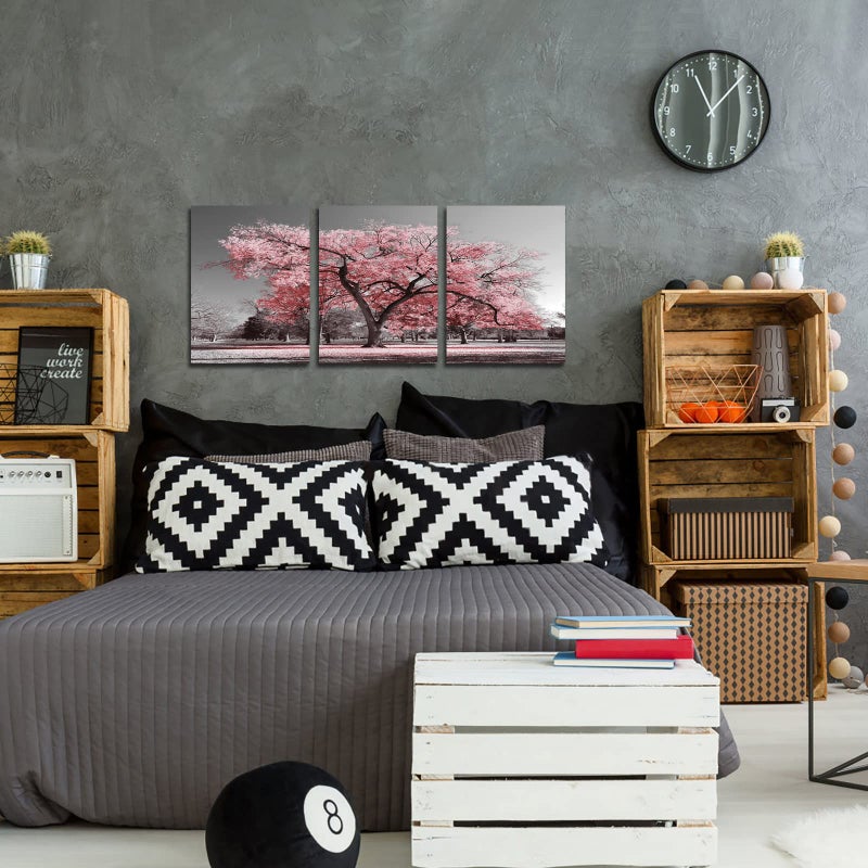 Visual Art Decor Pink Tree Canvas Wall Art Pink and Grey Room Decor Cherry Blossom Wall Art Modern Art Framed Ready to Hang Living Room Wall Decor 12x16inchx3 Piece - Image 4
